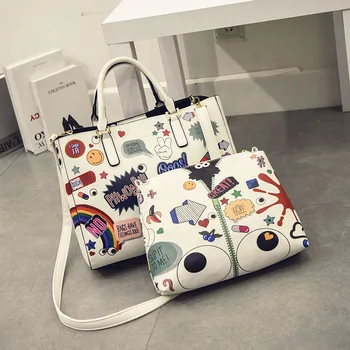 

2018 Fashion Girls Handbags Graffiti Female Day Clutches for Women Crossbody Bags PU Leather Ladies Shoulder Bags Young Cartoon