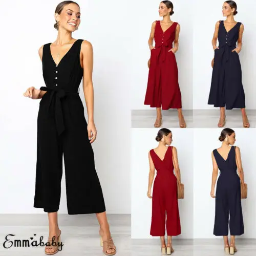 Womens Solid V Neck Backless Lace Up Playsuit Ladies Party Summer Romper Loose Wide Leg Jumpsuit |