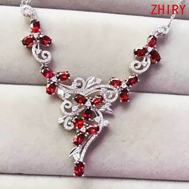 Natural garnet gem stone wedding necklace 925 sterling silver Platinum plated women wear fine jewelry noble
