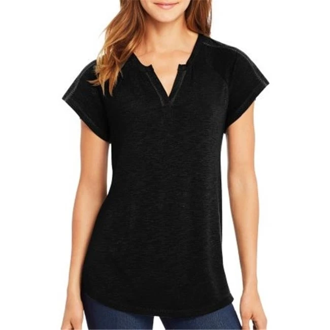 Hanes 617914359010 Womens Short Sleeve Peasant Henley Top - Black Extra Large