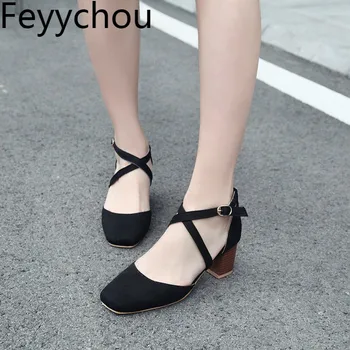 

Women Pumps High Heels Shoes Spring Autumn Buckle Strap Square Toe Flock 2018 Sexy New Fashion Princess Shoes Yellow Black
