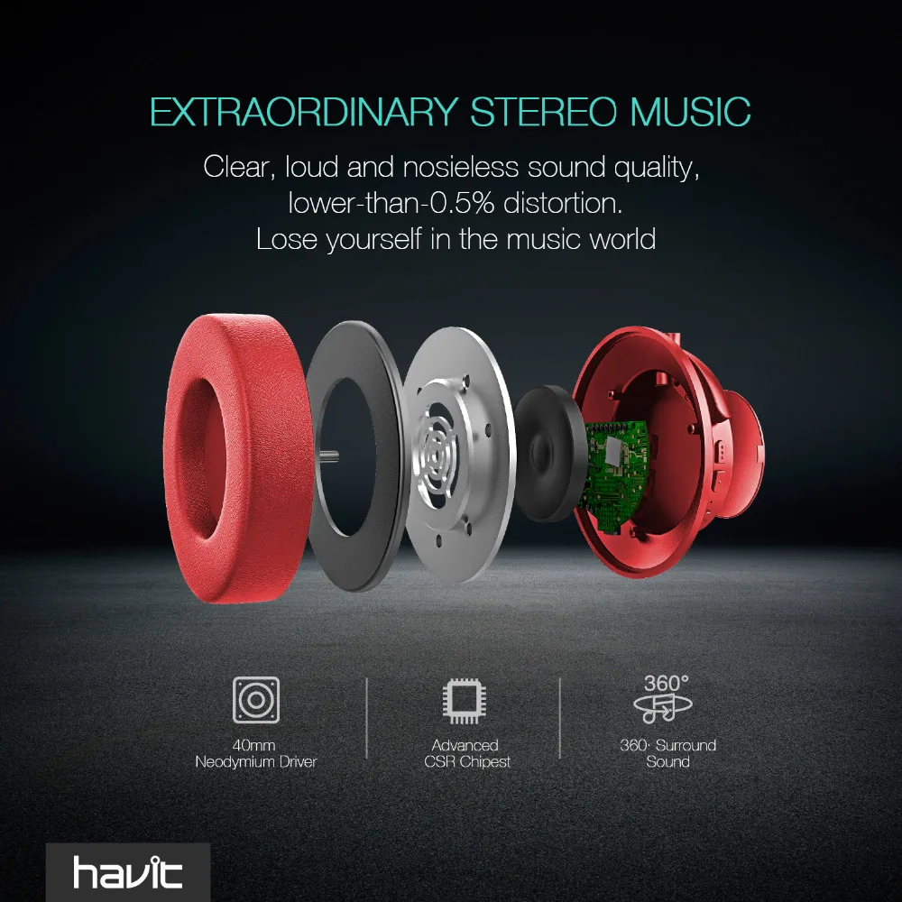 Наушники HAVIT Bluetooth 4 1 эргономичный дизайн шумоподавление 3D стереогарнитура с