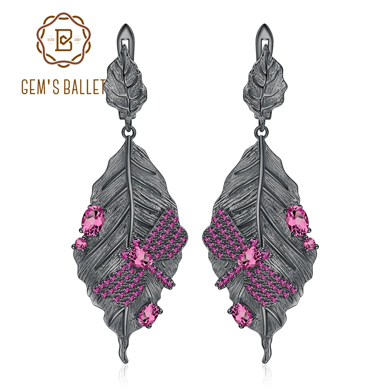 

GEM'S BALLET 1.76Ct Natural Rhodolite Garnet Earrings 925 Sterling Silver Handmade Long Leaves Drop Earrings for Women Bijoux