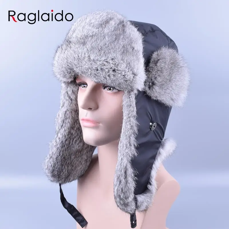 

Raglaido Bomber Hat Rex Rabbit Fur Trapper Hats Thick Warm Winter Snow Caps Russian Mens Fur Hat Ear Flap Caps ushanka LQ11180