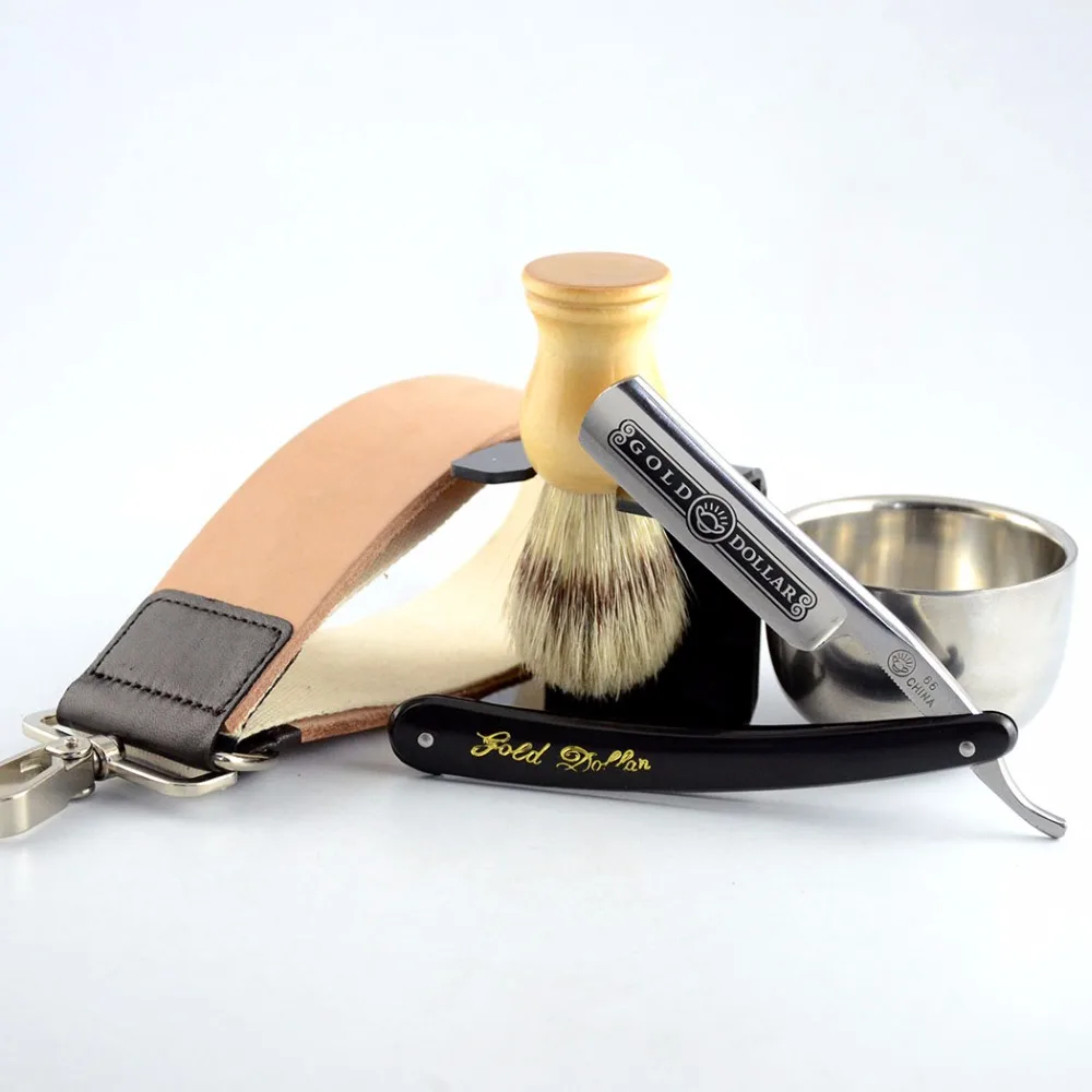 

5 Pcs Gold Dollar 66 Straight Razor Brush Brush Stand Bowl Leather Strop Strap