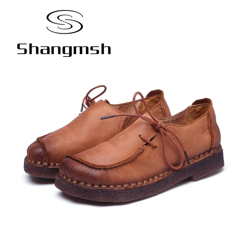 Shangmsh Fashion Brand Flat Shoes Genuine Leather Retro Handmade Casual Shoes Women Soild Lace up Loafers