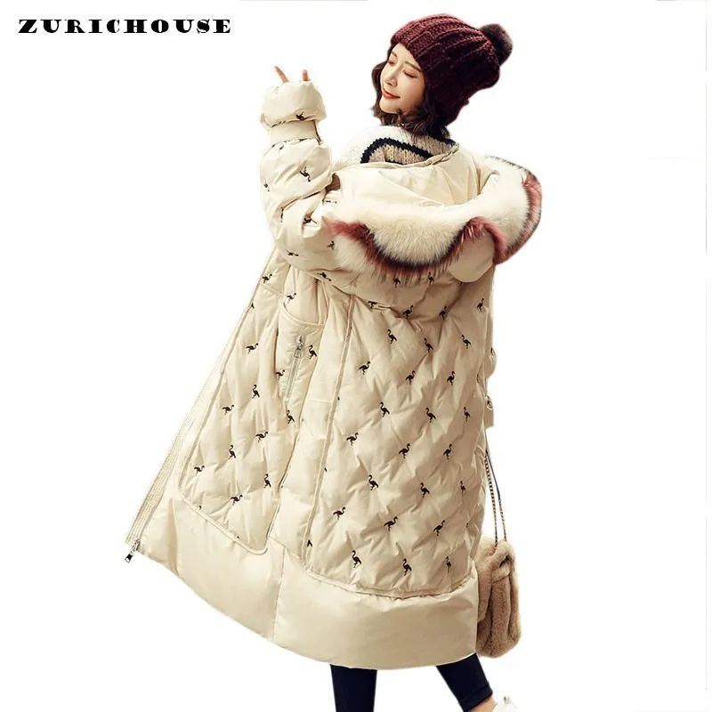 

ZURICHOUSE 2019 Down Parka Women Long Hooded Fashion Embroidery Warm Natural Big Fur Collar White Duck Down Jacket Winter