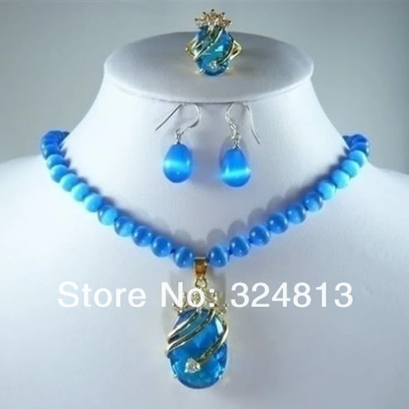 

New fashion blue opal crystal pendant earring set AA57001