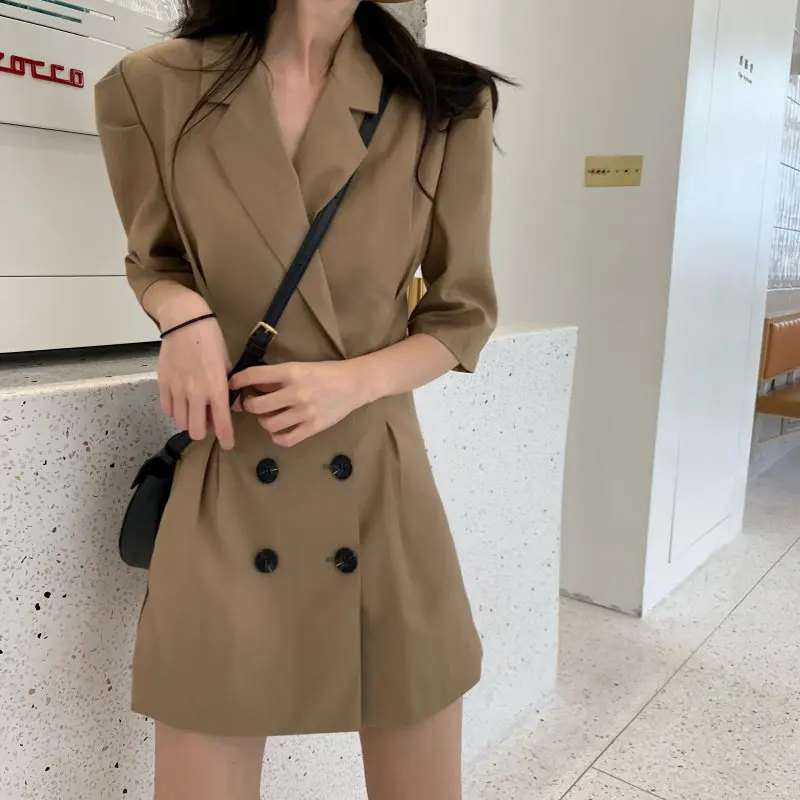 

HziriP 2019 Summer Women Retro Elegant Vintage Chic Double Breasted Notched Solid Waist-Controlled Sexy Ladies Mini Khaki Dress