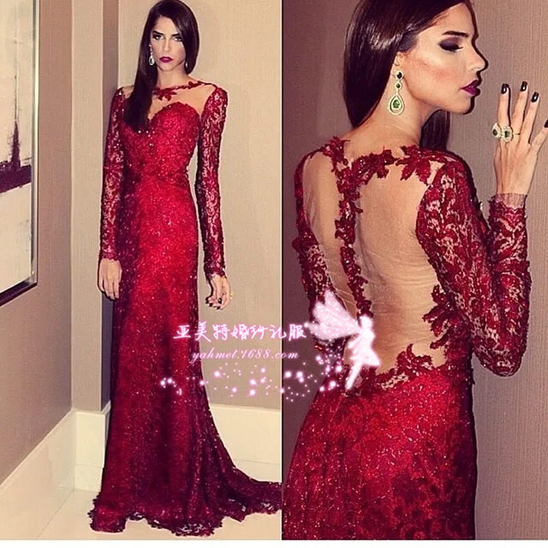 All Over Sequin Lace Mermaid Evening Dresses 2016 Long Sleeves See Through Back Party Dress Formal Gown Robe Soiree | Свадьбы и