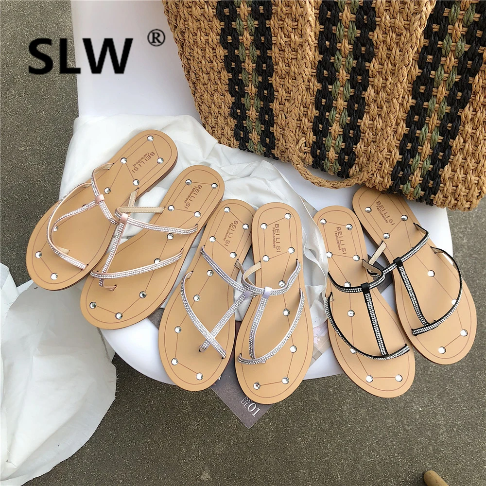 

Socofy Shoes Women Slides Beach Slippers Ladies Flip Flops Soft Sliders 2019 Flip-flops Flat Luxury Crystal Fabric