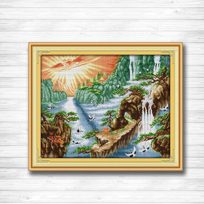 Набор для вышивки крестиком Sunshine waterfall crane dmc 14CT 11CT Китайская вышивка | Дом и сад