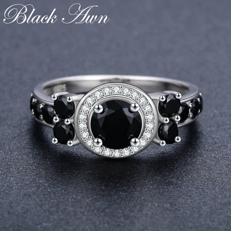 Cute 3.4g 925 Sterling Silver Fine Jewelry Round Bague Black Spinel Wedding Rings for Women Girl Party Gift C470 Fine Jewelry