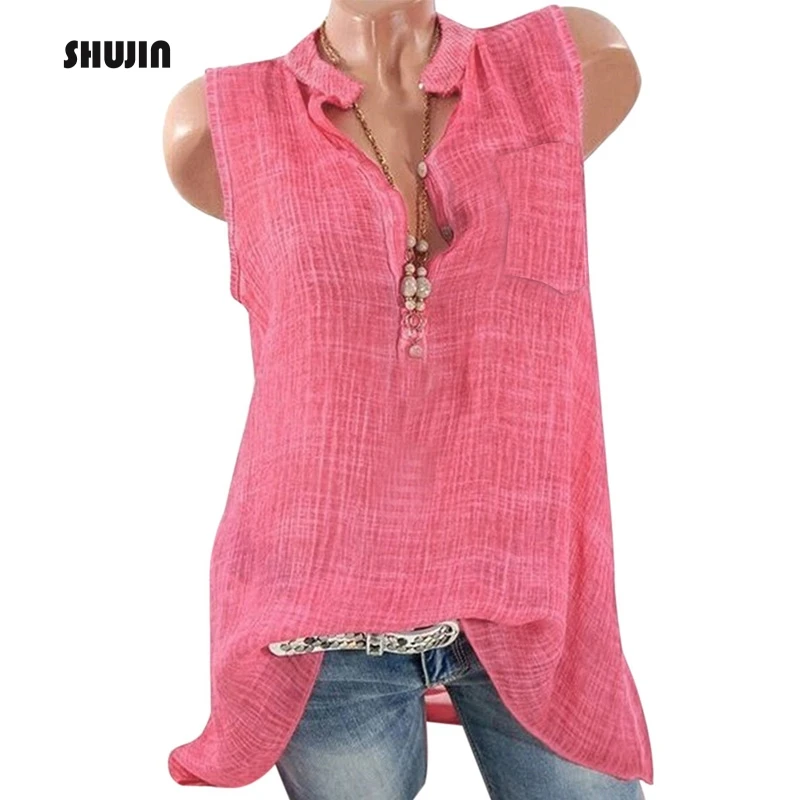 

SHUJIN 2019 Spring Summer Women Shirt V Neck Casual Sleeveless Spliced Mesh With Pocket Blouses Shirt Button Loose Top Shirt