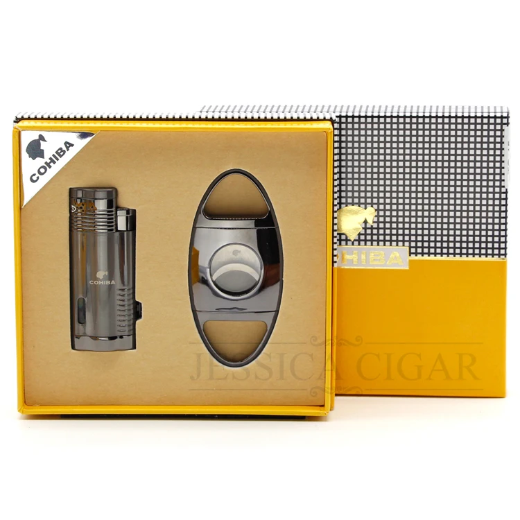 

COHIBA Cigar Gift Set Metal Sharp Guillotine Cigar Cutter Butane Gas Lighter 3 Jet Flame Package With Gift Box