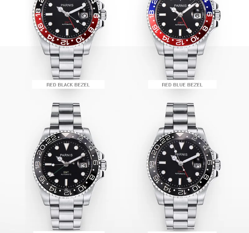 Parnis 40mm azul preto moldura mecânica automática