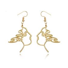 

Unique Charming Gold Filled hollow Face Dangle Wire Earrings Girls Artsy Outline Long Earrings For Women Bijoux 2018