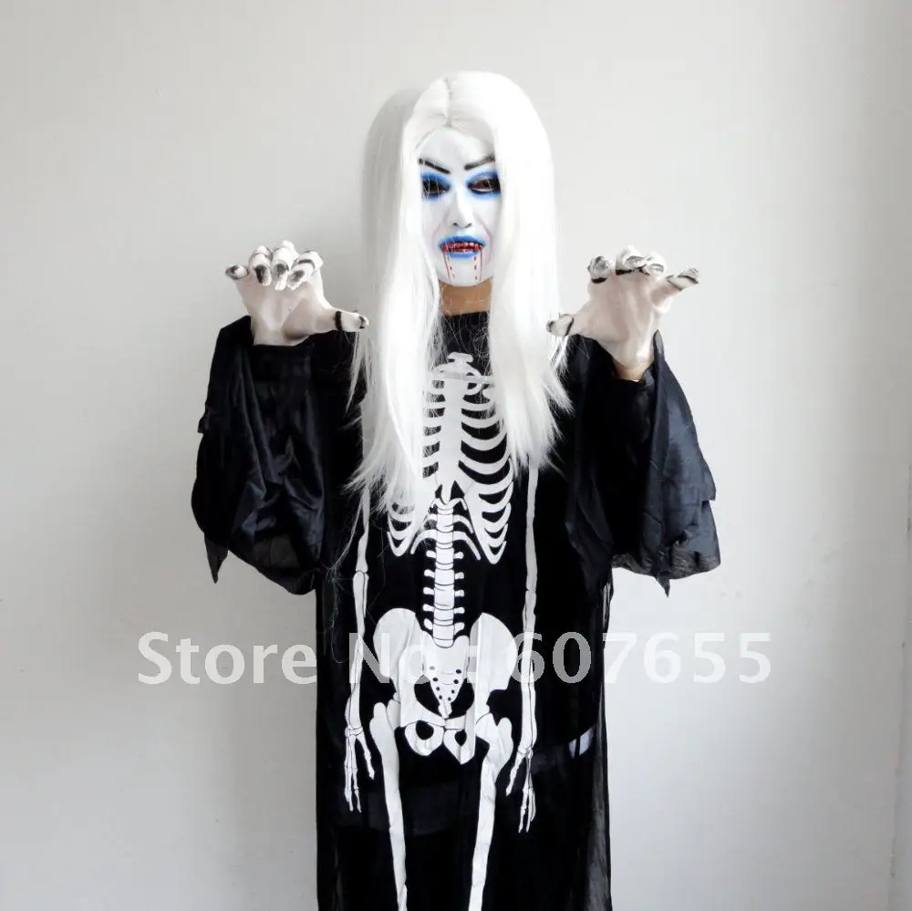 Halloween costumes skeleton ghost clothes + white hair witches mask