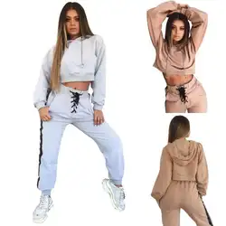 BKLD 2018 Повседневное спортивный костюм 2 шт. Для женщин комплект Hooded Crop Top Толстовка 2 шт. штаны Женская одежда костюмы женские