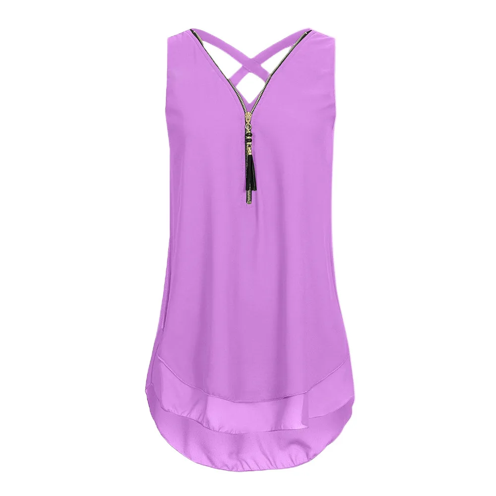 JAYCOSIN Для женщин жилет рукавов шифоновый топ на бретелях Cross Back низ заложен молнии v-образным вырезом футболки плюс Размеры S-5XL 5,9 - Цвет: Purple