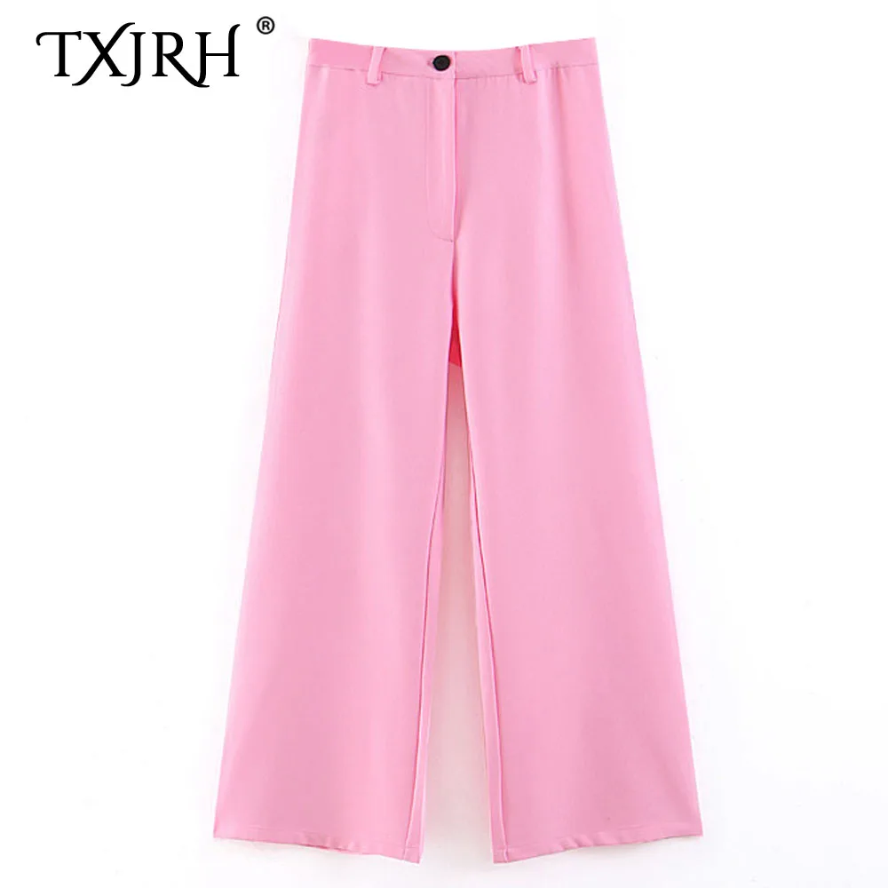 

TXJRH 2019 Stylish Pink Wide Leg Pants Trousers Fashion Women High Waist Zipper Casual Loose Long Pants Candy Colors Femme