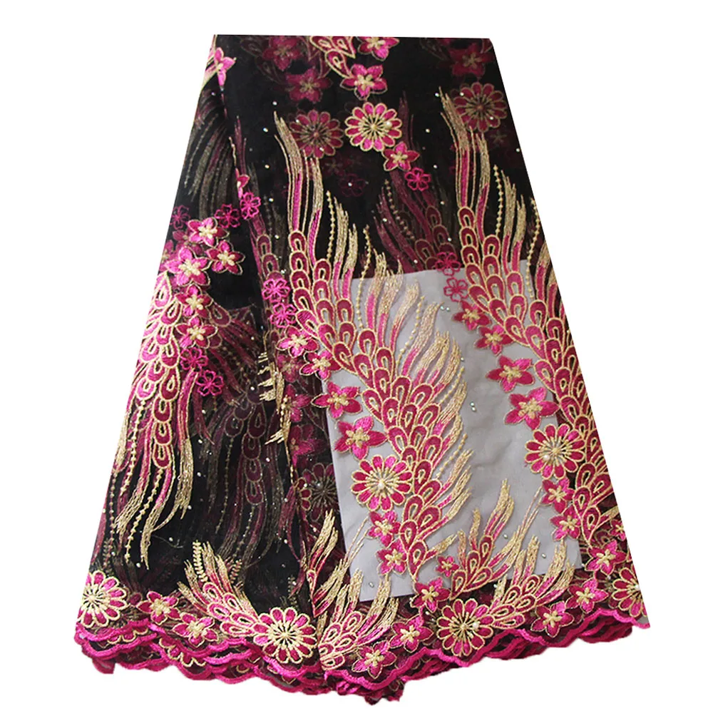 

Ourwin 2019 African Lace Fabric Stones Beaded Fabric Fushia Pink Gold Latest High Quality African Tulle Lace Fabric 5 Yards