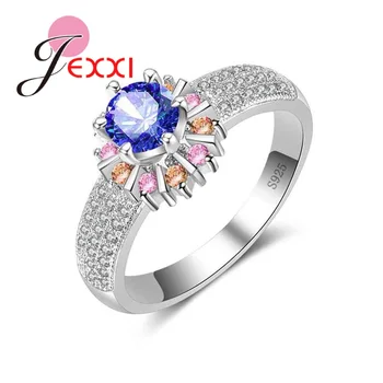 

Romantic Colorful Zircon Finger Ring For Women Blue Big Crystal Wedding Jewelry Fine Fashion Casual Silver