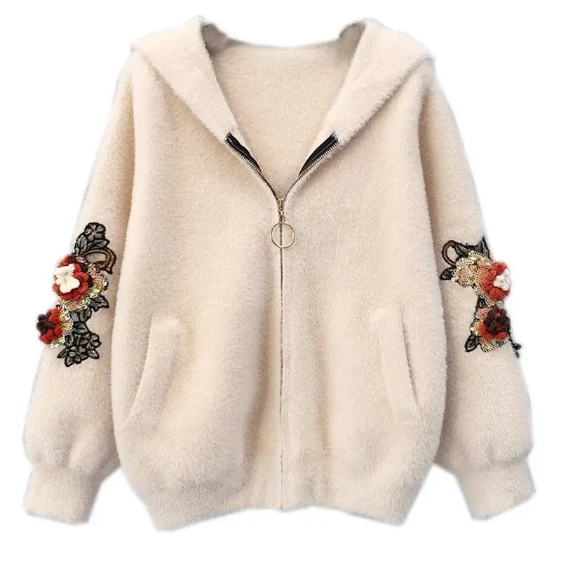 

2019 Autumn Winter Fashion Women Long Sleeve Loose Knitting Cardigan Sweater Female Knitted Hooded Imitation Mink Fur Coat A93