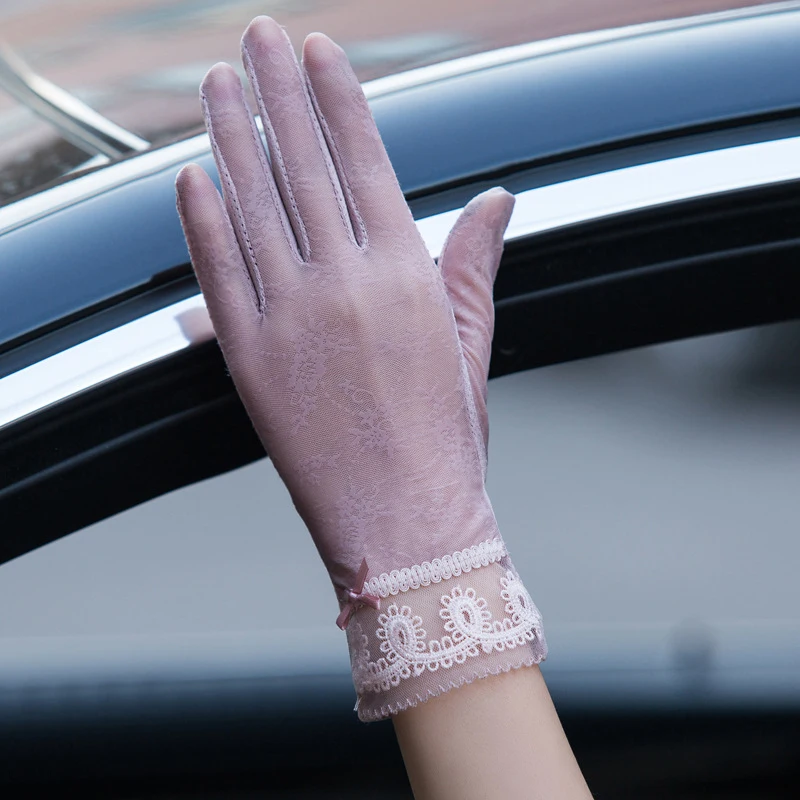 Pink Новые модные летние женские кружевные солнцезащитные перчатки, женские сексуальные одноцветные варежки с цветком, перчатки для вождения, высокое качество - Цвет: Pink