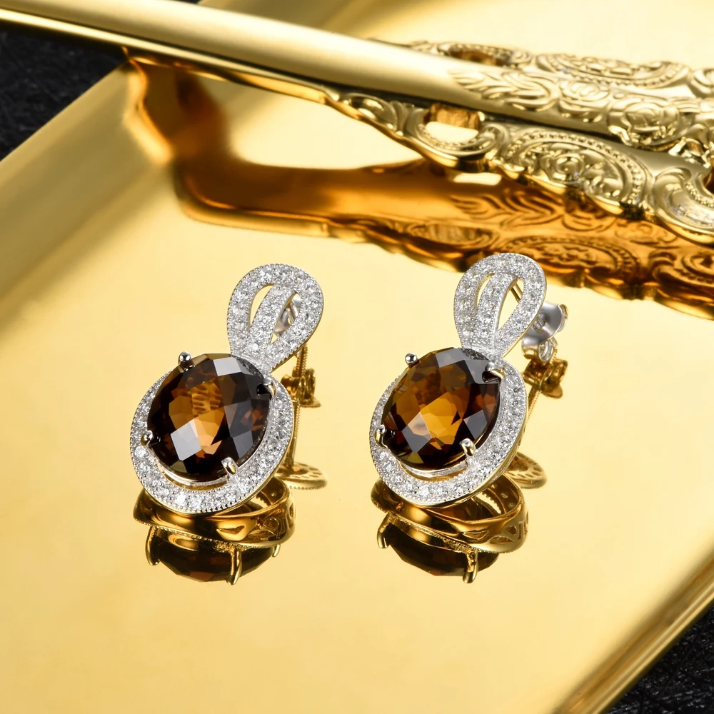 L&zuan 17.78CT Natural Smoky Quartz Jewelry Set in 925 Sterling Silver Earrings/Pendant Oval Cut Brown Stones Woman Fine Jewelry