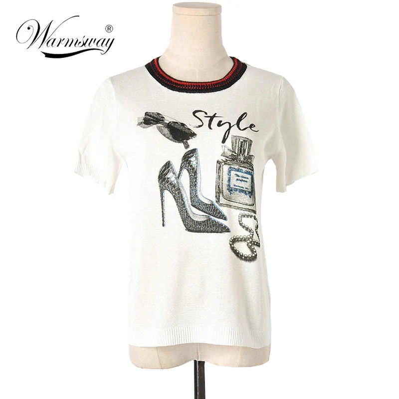 New Runway Knitting Summer High Heels Letter Top Sunglass Perfume Lurex T-shirts Short Sleeve Fashion Female Tee  B-116