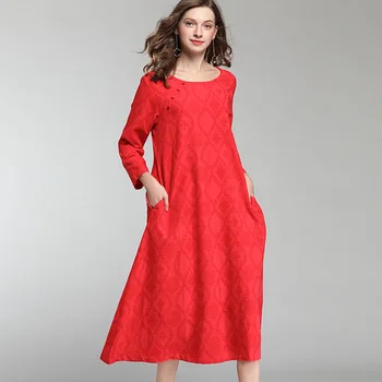 

LANMREM 2020 Women Fashion Pullover Printting Vintage Button O-neck Collar Cotton Linen Dress Female Spring Spring Clothes TA960