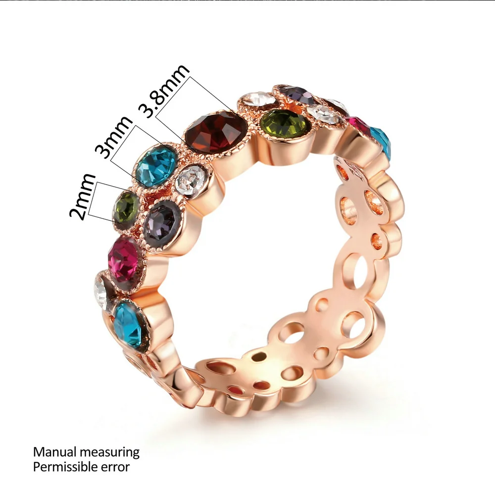 Double Fair Colorful Austrilian Crystal Finger Rings Rose Gold Color Fashion Brand Vintage Wedding Jewelry For Women DFR028