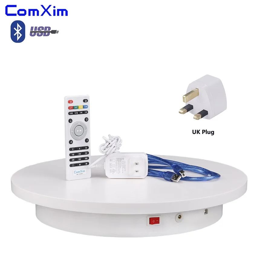 ComXim 40cm 15.7in Remote,Bluetooth,USB Rotating Electric Photography Turntable,Display Stand for Products Jewelry Display - Цвет: white with UK plug