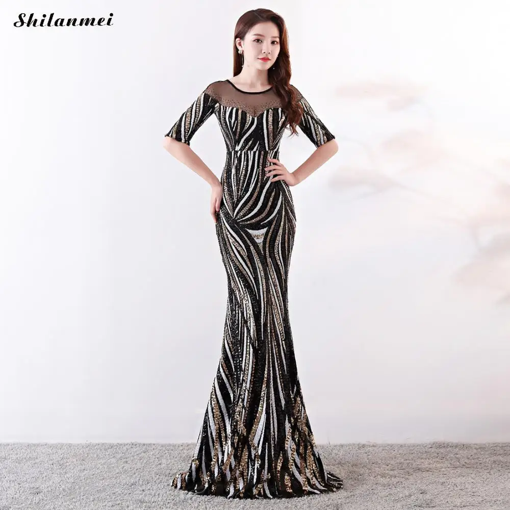 

Sexy Striped Sequin Dress Beading Evening Party Dress Elegant Long Women Mermain Dress Black Mesh Backless Summer Dress 2019