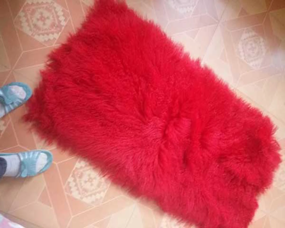 

Luxury Red Mongolian Lamb Fur Rug Tibetan Fur Plate Pelt Sheepskin Carpet Home Sofa, Doll Wig Floor Mat