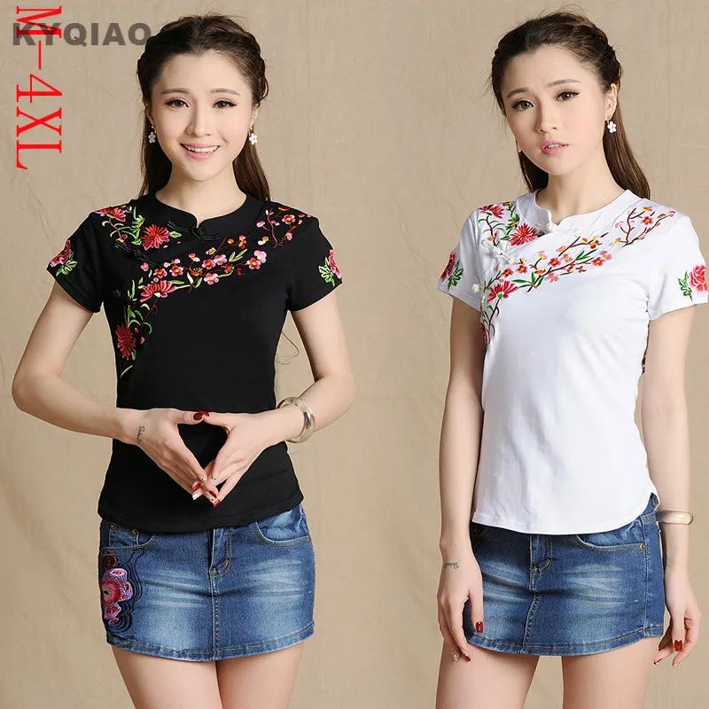 

KYQIAO Traditional Chinese clothing ethnic shirt women vintage green red blue black white stand collar embroidery blouse shirt
