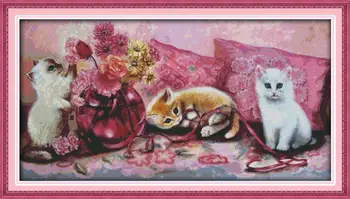 

Joy sunday Three litten kittens Printed on Canvas DMC Counted Cross Stitch Kits printed Cross-stitch set Embroidery Needlework