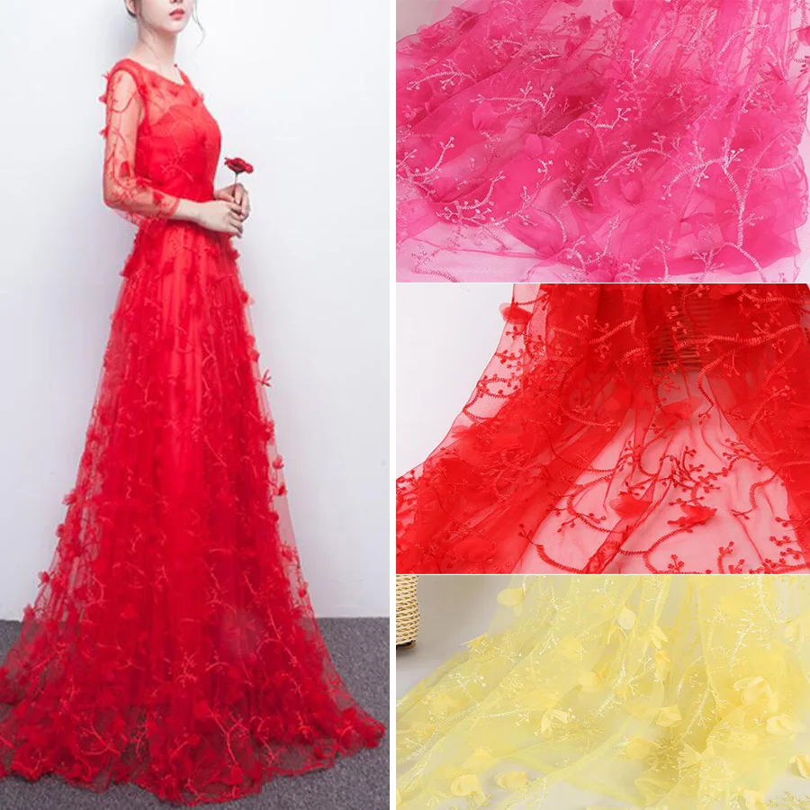 

wedding Dress Fabric Soft Embroidery mesh with flower fabric Evening Dress DIY fabric 1 Yard
