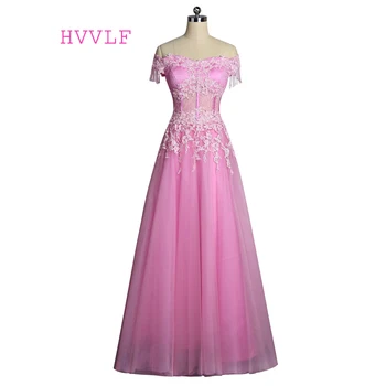 

Pink Evening Dresses 2019 A-line V-neck Cap Sleeves Tulle Lace Appliques Women Long Evening Gown Prom Dresses Robe De Soiree