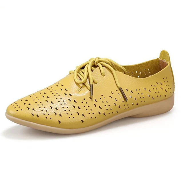 CEYANEAO/белые женские туфли из спилка, из коровьей кожи, с мягкой подошвой, с острым носком, на шнуровке, повседневная кожаная женская обувь на плоской подошве esc035 - Цвет: Цвет: желтый