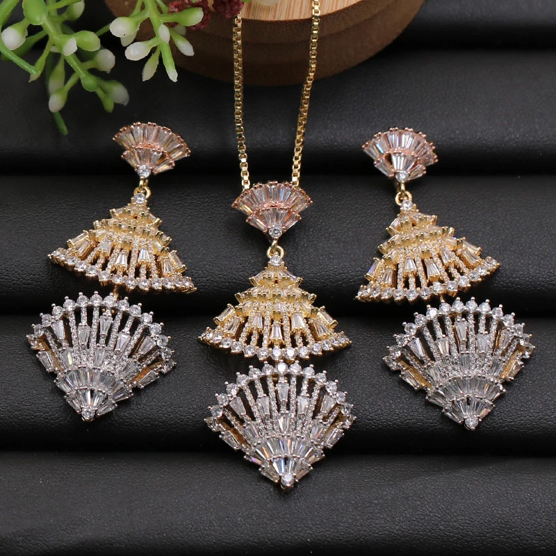 

LanRuiSha Jewelry Set Triangle Fan Shape Micro Paved Cubic Zircon Shining Necklace with Earrings for Engagement Best Gifts