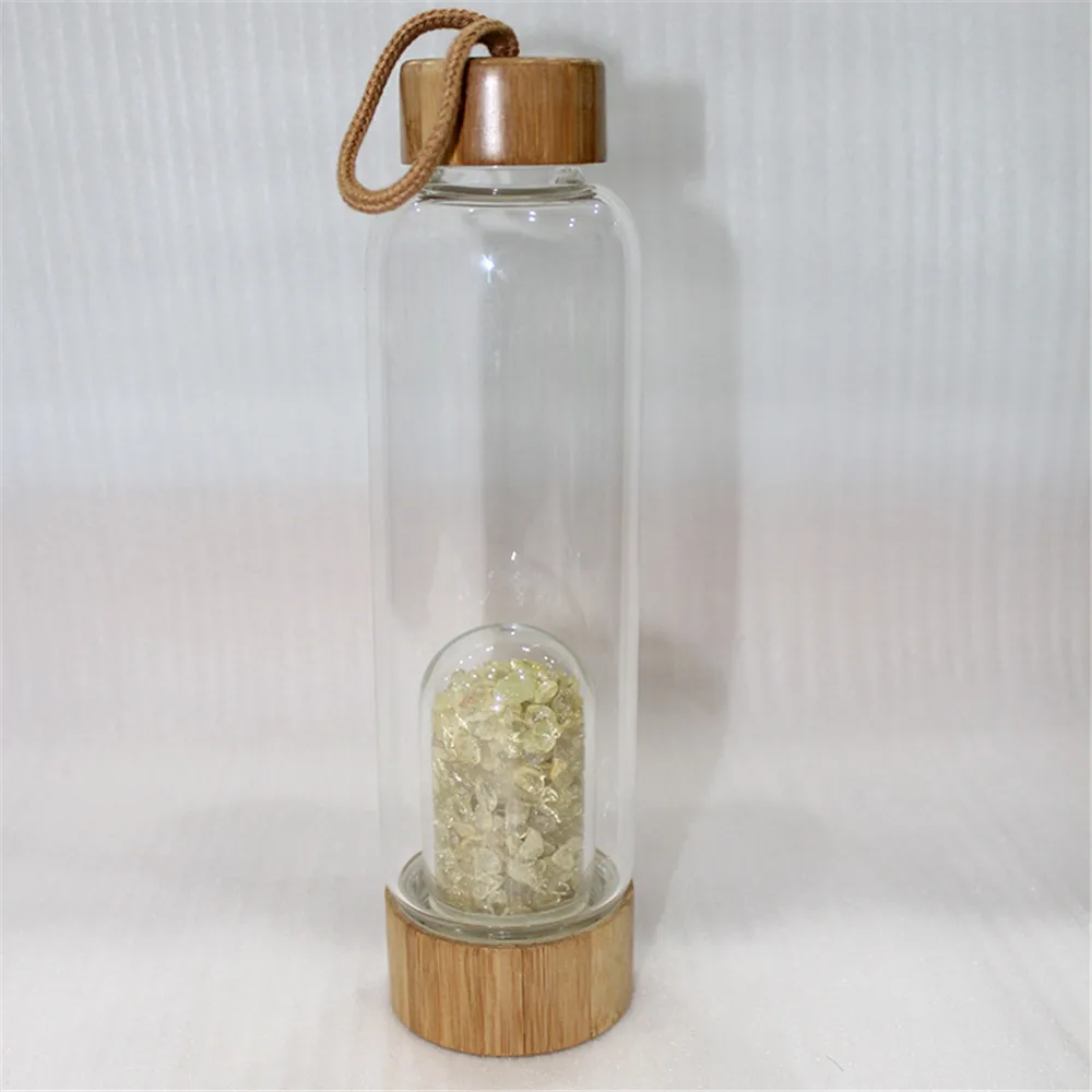 Прямая поставка натуральный кристалл кварцевая галька драгоценный камень целебное стекло энергетический эликсир бутылка для воды бамбуковая стеклянная чашка подарок