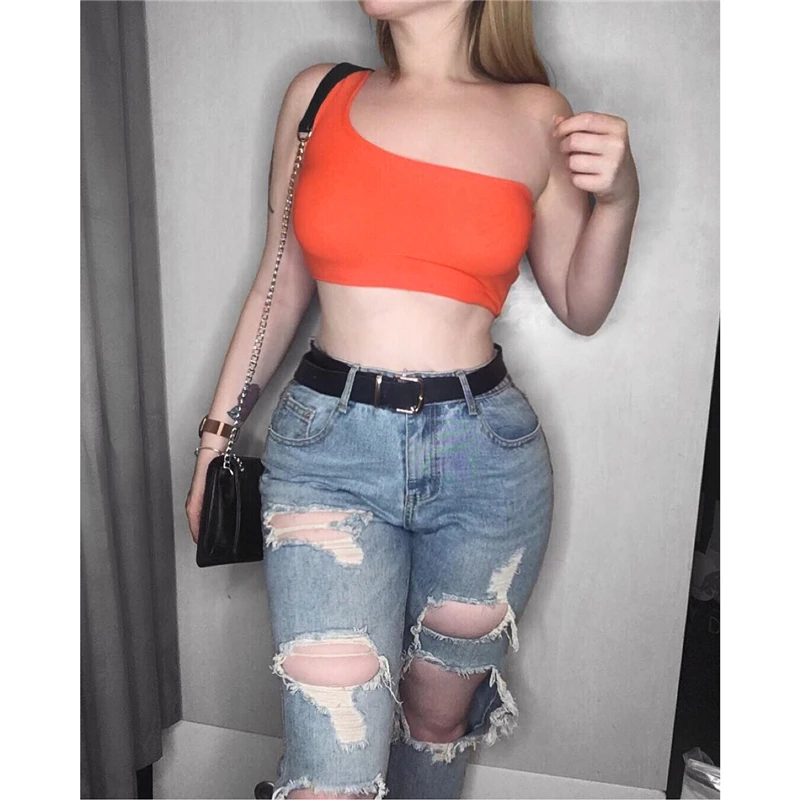

Women's Sexy One Shoulder Sleeveless Crop Tops Slim Pure Color Tank Tops Ladies Fashion Casual Tops Sport Fitness Tops Summer