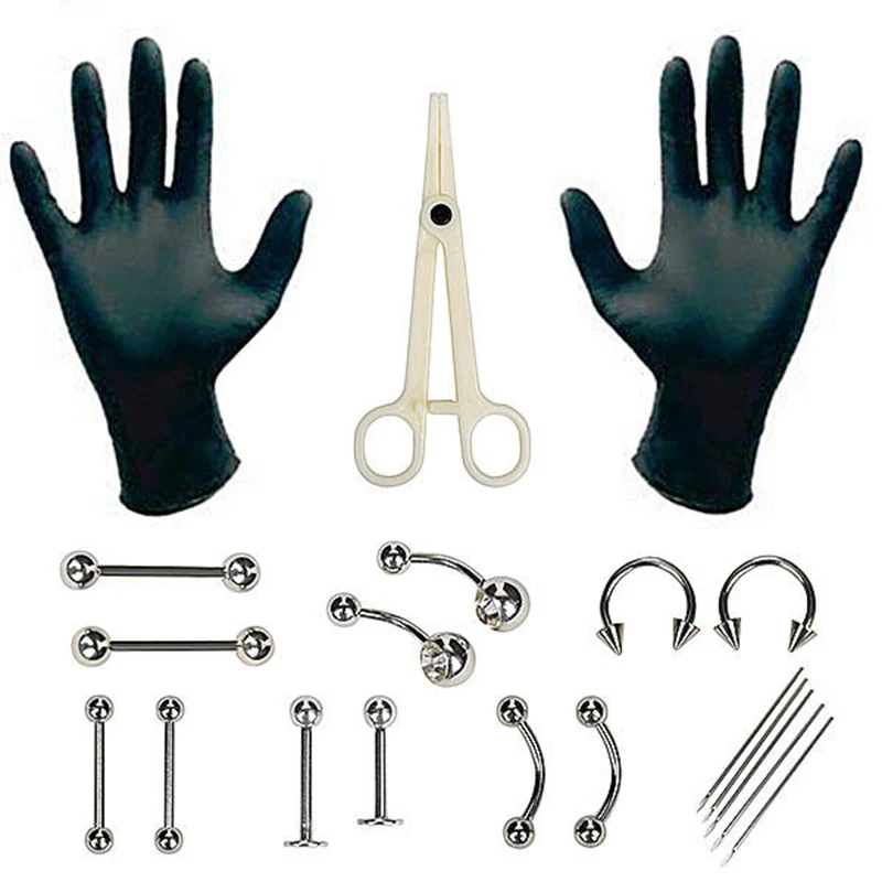 20 Pcs/Set Piercing Kit Rings Needles Gloves Tools for Lip Nipple Belly