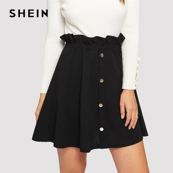 

SHEIN Black Paperbag Waist Ruffle Button Front Shift Skirt Casual High Waist A Line Women Skirts 2019 Summer Slim Skirt