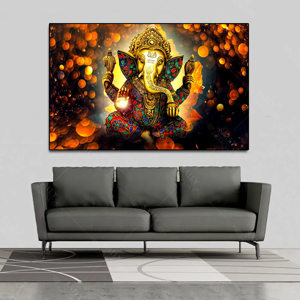 Buddha Poster Vinayaka Ganapati Lord Ganesha Statue Wall Art Canvas Picture for Living Room Home Decor Golden Elephant No Frame