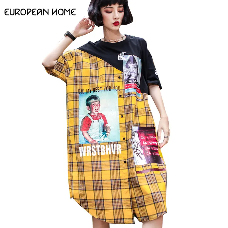 

Women Spring Summer dress 2019 Streetwear O-Neck Short Sleeve Shirt Dress Hip Hop Fashion Lattice Patchwork Print Dresses women