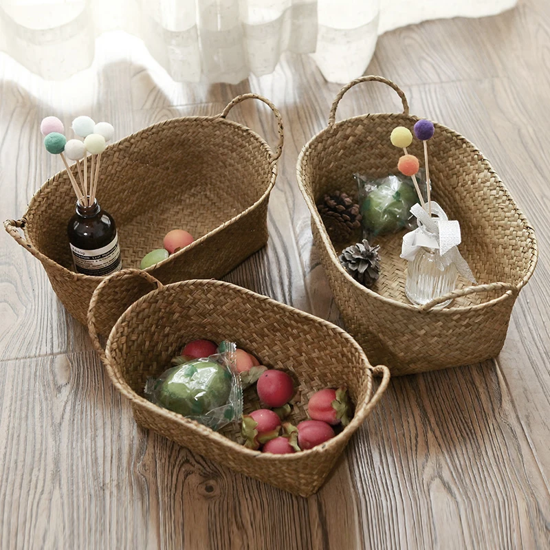 WHISM Handmade Woven Storage Basket Straw Food Container Makeup Organizer Rattan Bread Fruit Case Holder Seagrass Wicker Basket