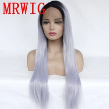 MRWIG Live picture 150% Denstiy шелковистый прямой Омбре сине-серый синтетический передний кружевной парик для афроамериканцев